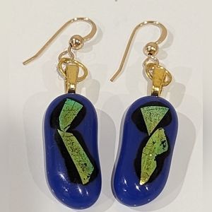 Artisan Handmade glass earrings with dichroic gold glass. Gold.